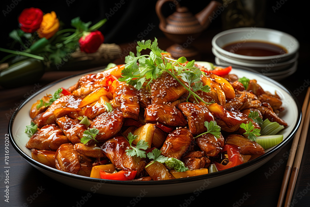 Appetizing meat dinner with roast pork with sweet sauce Appetizing meat dinner with roast pork with sweet sauce