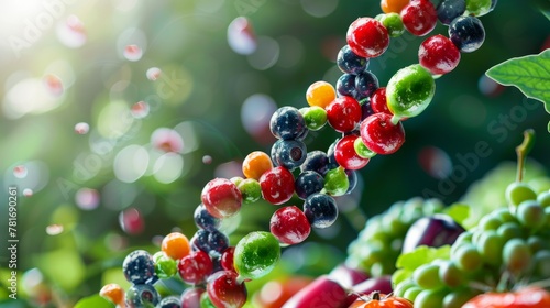 genetically modified agriculture conceptualizes fruits and vegetables as a strand of DNA generative ai