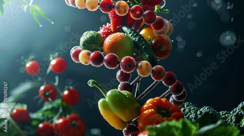 genetically modified agriculture conceptualizes fruits and vegetables as a strand of DNA generative ai