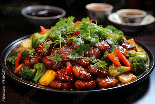 Appetizing meat dinner with roast pork with sweet sauce