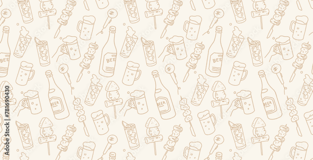 お酒や居酒屋のシームレス背景素材 ビール、チューハイなどのお酒、焼き鳥など Seamless background for drinks and taverns. お酒や居酒屋のシームレス背景素材 ビール、チューハイなどのお酒、焼き鳥など Seamless background for drinks and taverns.