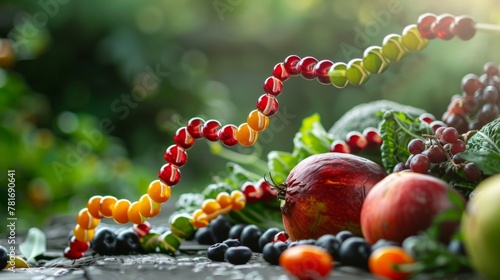 genetically modified agriculture conceptualizes fruits and vegetables as a strand of DNA generative ai