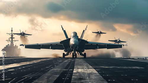 generic military aircraft carrier ship with fighter jets take off during a special operation at a warzone, sunlight , cloudy sky , panoramic view 