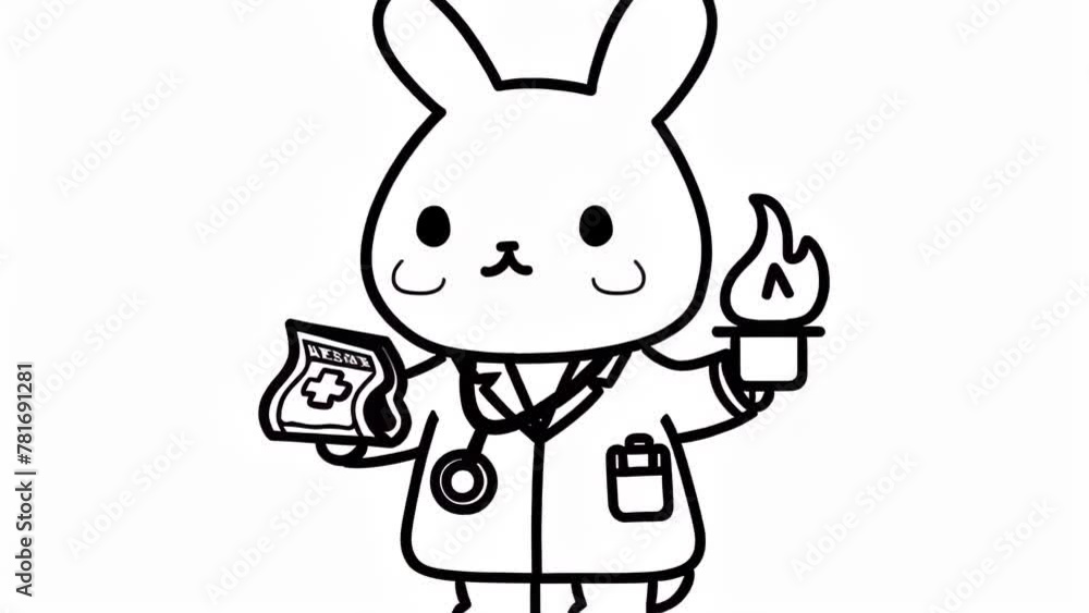 Cute rabbit character rendered in simple line art. Holds a gas burner in one hand, the other raised towards the flame. Features round head with long ears and large eyes. Cute rabbit character rendered in simple line art. Holds a gas burner in one hand, the other raised towards the flame. Features round head with long ears and large eyes.