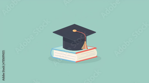 A graduation cap placed on top of a stack of books, symbolizing academic achievement and success. Back to school concept. Copy space. Flat style illustration.