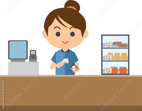 レジで接客をする女性店員のイメージイラスト
