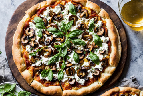 Top view of mushroom and goat cheese pizza on a rustic table, showcasing the evenly distributed toppings and the bubbly, golden cheese, ready to be served. AI generated.