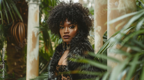 A stunning black woman poses in a vintage fur coat surrounded by lush greenery and elegant pillars. Her cascading curls and flapperinspired dress pay homage to the timeless style and .