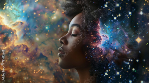 A breathtaking portrait captures a black woman in a moment of quiet introspection her eyes closed and her face tilted upwards towards a stunning nebula. The intricate detailing of .