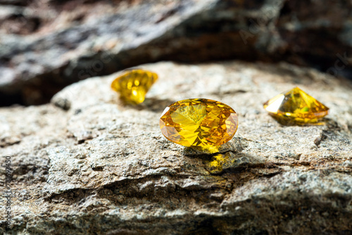 Natural yellow Sapphire gemstone, Jewel or gems on stone, close up shot