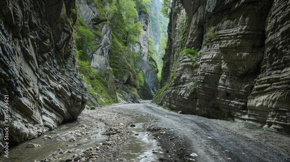 A dusty path winding through a narrow canyon A dusty path winding through a narrow canyon