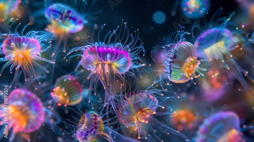 A colony of colorful dinoflagellates each cell equipped with a long hairlike tentacle used for capturing prey and ensuring survival. © Justlight