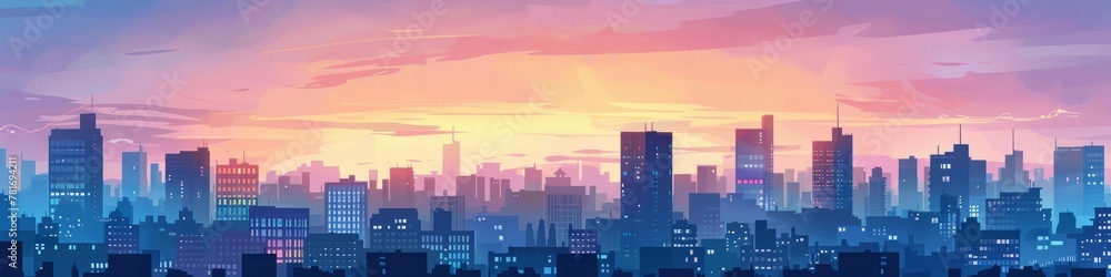 A painting featuring a city skyline with buildings silhouetted against a sunset sky. Banner.