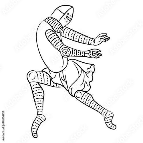 Medieval knight in dynamic pose. Illuminated manuscript design. Black and white linear silhouette.