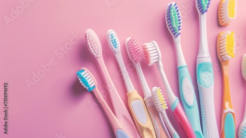 toothbrushes of different sizes and colors  on pastel color background  oral health concept generative ai