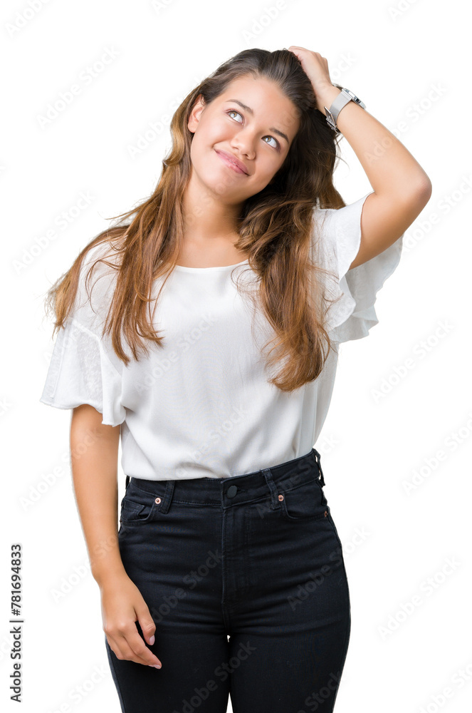 Young beautiful brunette business woman over isolated background Smiling confident touching hair with hand up gesture, posing attractive Young beautiful brunette business woman over isolated background Smiling confident touching hair with hand up gesture, posing attractive
