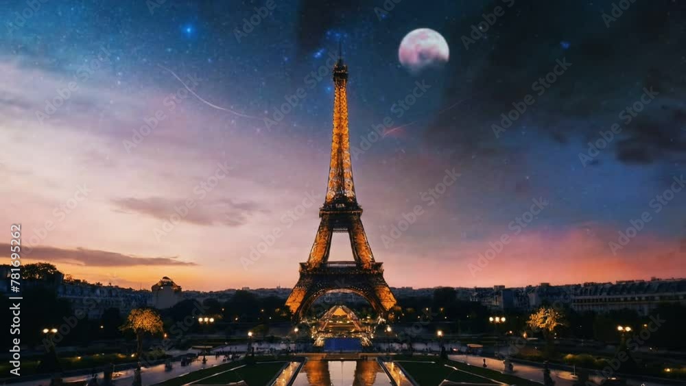 eiffel tower at night, seamless looping animation video background 