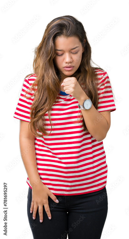 Young beautiful brunette woman wearing stripes t-shirt over isolated background feeling unwell and coughing as symptom for cold or bronchitis. Healthcare concept. Young beautiful brunette woman wearing stripes t-shirt over isolated background feeling unwell and coughing as symptom for cold or bronchitis. Healthcare concept.