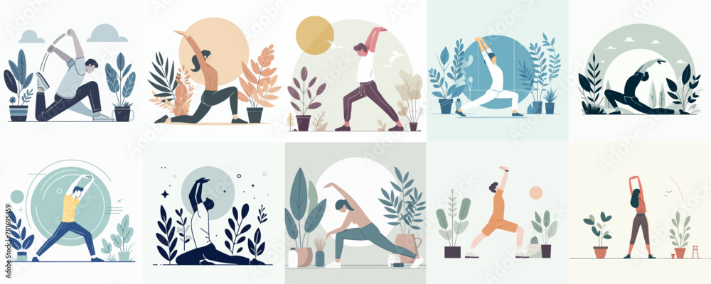 Vector set of people doing exercise in flat design style
