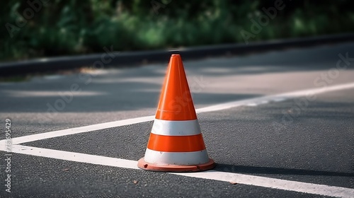 A cone is on the road, and it is orange and white
