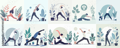 Vector set of people doing exercise in flat design style