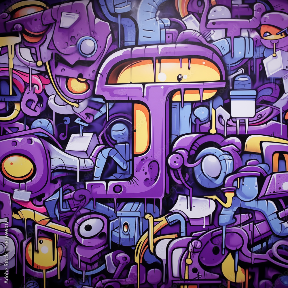 Realistic street art, doodles, tags and graffiti on a purple background kind of abstract
