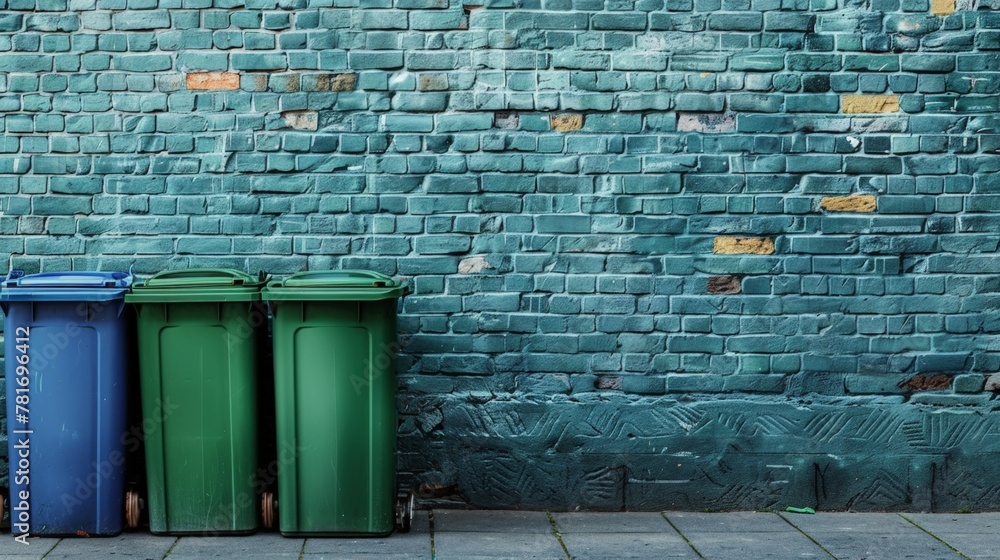 Obraz premium Three trash cans lined up on sidewalk