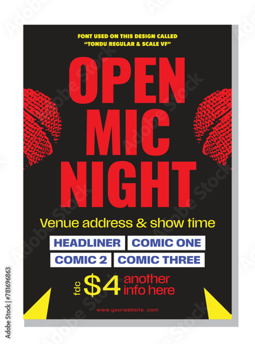 Open mic night or stand up comedy show poster or flyer or banner design template with hand holding opened microphone on black background. Vector illustration