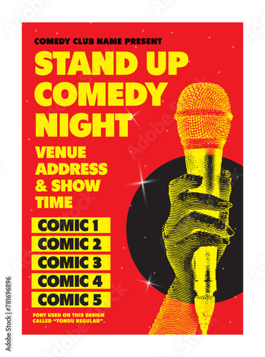 Open mic night or stand up comedy show poster or flyer or banner design template with hand holding opened microphone on red background. Vector illustration