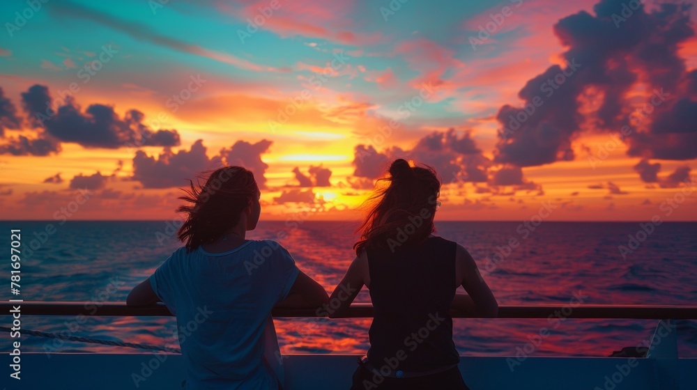 Fototapeta premium Two friends watching the sunset from the yacht deck backs turned towards the camera as the sky is lit up in vibrant hues. . .