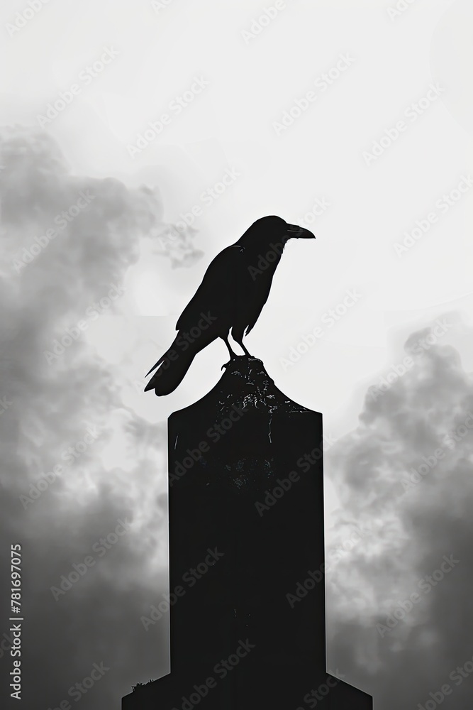 Fototapeta premium A raven perched atop a tombstone, with both elements silhouetted against a stark, gray sky, illustration made with Generative Ai
