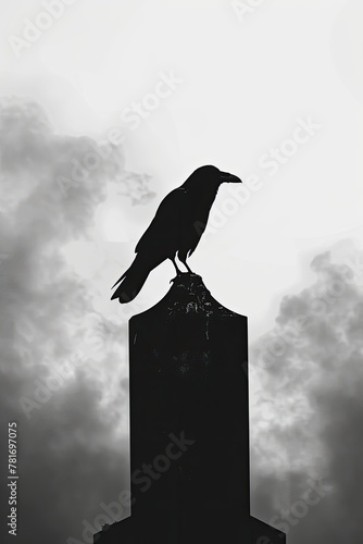 A raven perched atop a tombstone, with both elements silhouetted against a stark, gray sky, illustration made with Generative Ai