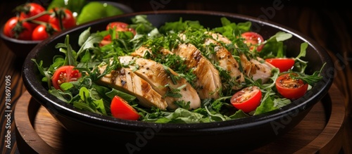 Grilled chicken fillet with arugula and cherry tomatoes.