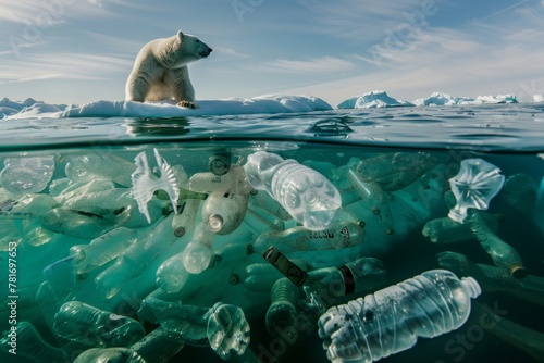 A polar bear is sitting on a pile of plastic bottles in the ocean. Ecology problems and plastic pollution concept