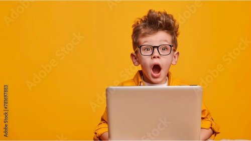 a surprised boy with glasses using laptop, sitting at the desk, solid yellow background