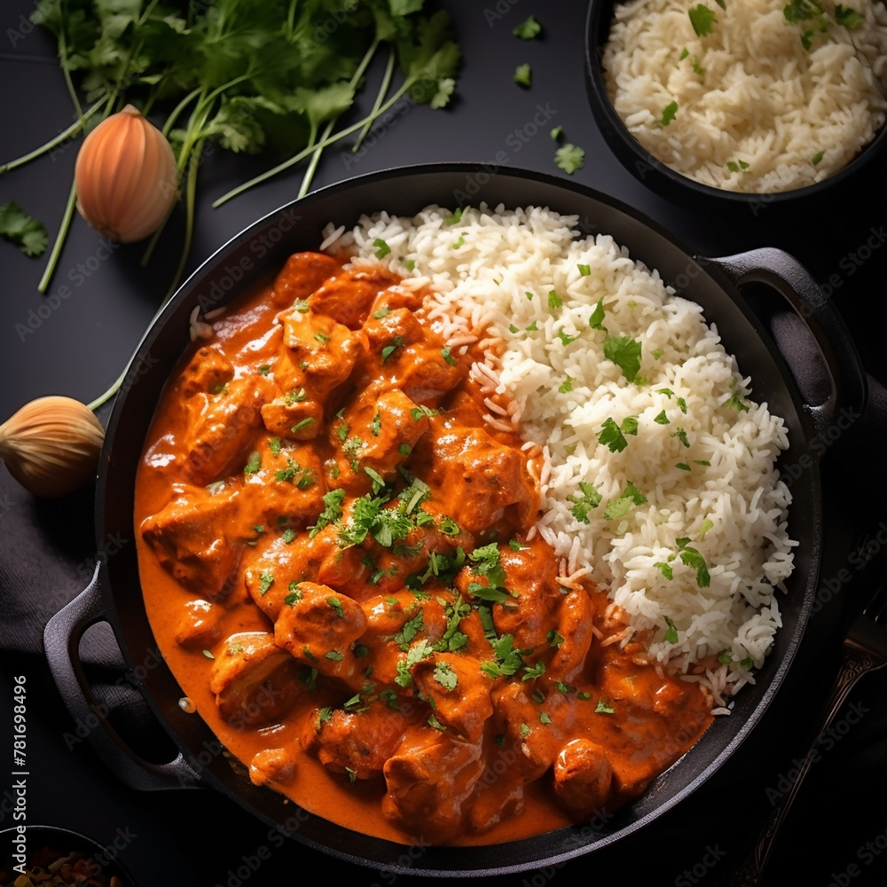 wide top view background food image, butter masala chicken and boiled white rice, Indian traditional food recipe banner image in black color table wide top view background food image, butter masala chicken and boiled white rice, Indian traditional food recipe banner image in black color table