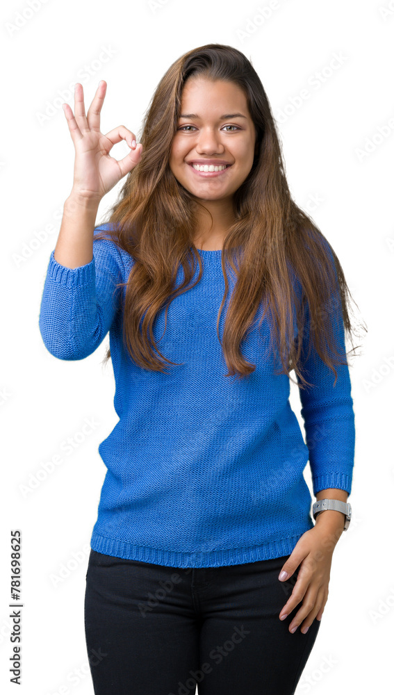 Young beautiful brunette woman wearing blue sweater over isolated background smiling positive doing ok sign with hand and fingers. Successful expression. Young beautiful brunette woman wearing blue sweater over isolated background smiling positive doing ok sign with hand and fingers. Successful expression.