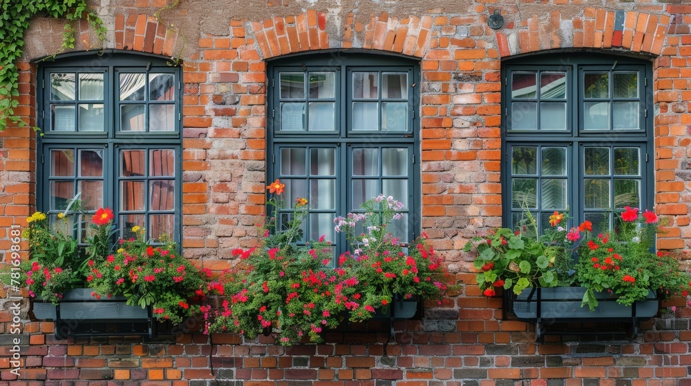 Three windows adorned with blooming flowers on a rustic brick building