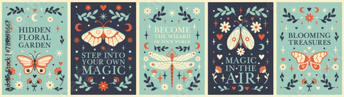 Mystery insects and positive affirmations. Bohemian vector posters. Vertical framed compositions, prints with quotes, flowers, moths and butterflies. Vintage spring vibe with inspirational messages