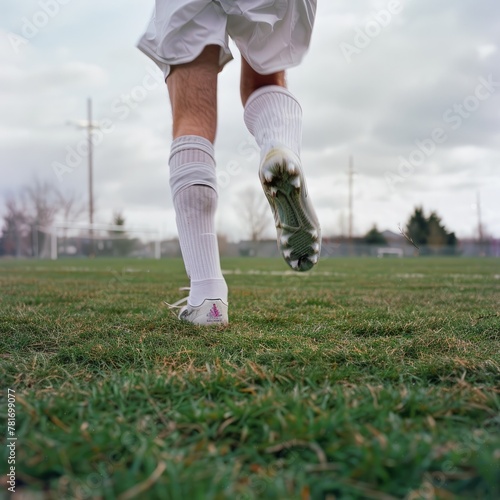 motion photography, side view,plain white soccer socks, outdoor soccer pitch, natural light, overcast