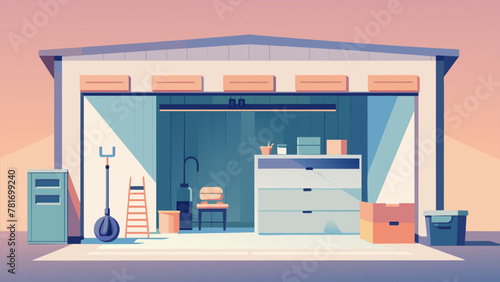 A large empty garage with only a few carefully arranged tools and storage units. The focus on functional and necessary items speaks to the idea