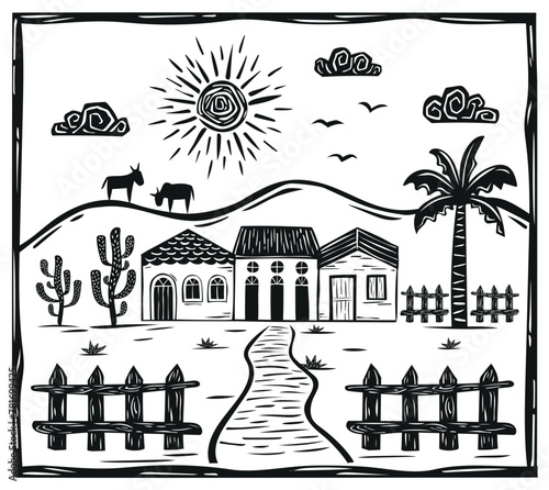 Village of houses in the interior of the country. Fence, cows, mountains and vegetation. Woodcut style illustration of northeastern cordel..eps