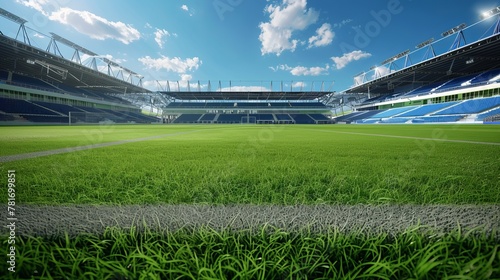 soccer stadium, green grass, blue sky, view from playground, game realistic graphics, hdr