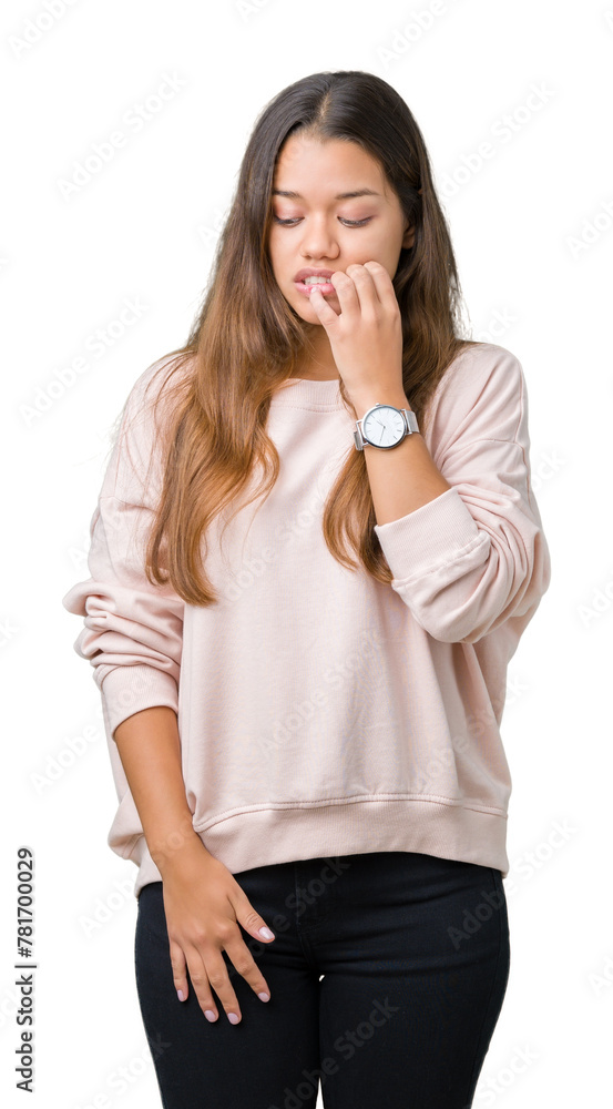 Young beautiful brunette woman wearing pink sweatshirt over isolated background looking stressed and nervous with hands on mouth biting nails. Anxiety problem. Young beautiful brunette woman wearing pink sweatshirt over isolated background looking stressed and nervous with hands on mouth biting nails. Anxiety problem.