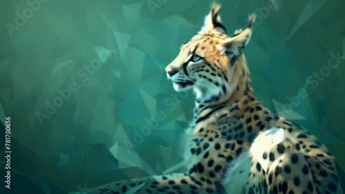 A serval cat with geometric patterns scattered across its body is depicted against a green background.  photo