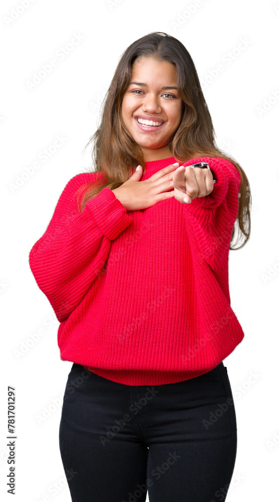 Young beautiful brunette woman wearing red winter sweater over isolated background Laughing of you, pointing to the camera with finger hand over chest, shame expression Young beautiful brunette woman wearing red winter sweater over isolated background Laughing of you, pointing to the camera with finger hand over chest, shame expression