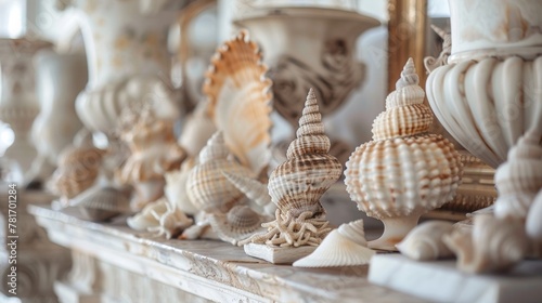 The ocean breeze gently caresses the intricate details of each seashell displayed on the podium evoking a sense of tranquility and . .