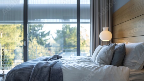 A bedroom with smart glass windows adjusted to a dark tint providing privacy and keeping out harsh sunlight during daytime hours. This helps maintain a consistent temperature in the .