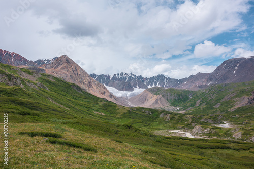 Beautiful landscape with mountain river among rocks and hills in green alpine valley. Lush flora and dense thicket with view to big glacier and large snow mountain range far away under gray cloudy sky