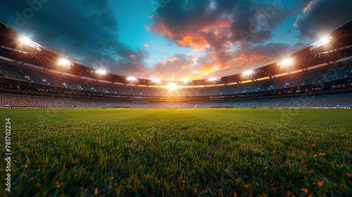 Panoramic highdefinition image of a cricket stadium showing the contrast between daylight and evening atmosphere under stadium lights. Concept Cricket Stadium, Daylight vs Evening